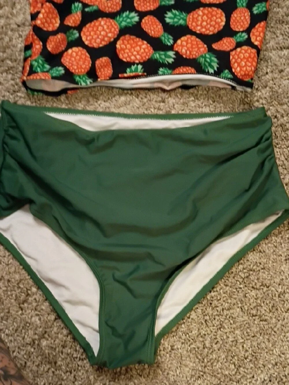 Pineapple Print Halter Bikini Top with Forest Green High-Waist Bottoms